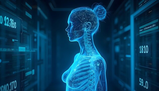 Translucent female human body, bone and nervous system graphics in holographic image, blue background