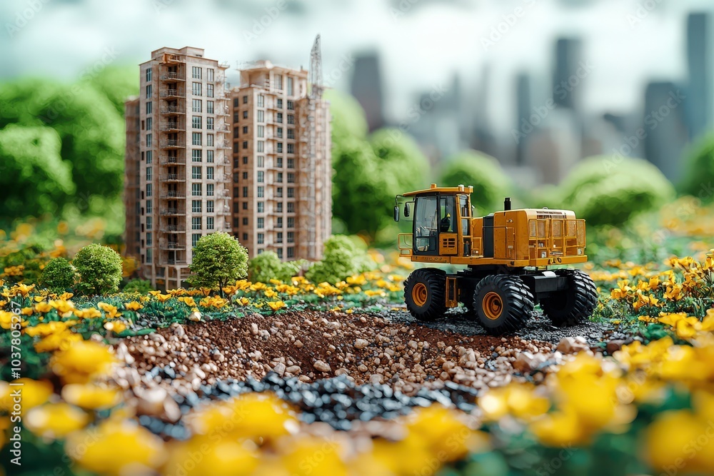 Wall mural construction scene with a toy bulldozer in a flower-filled landscape beside a building site.