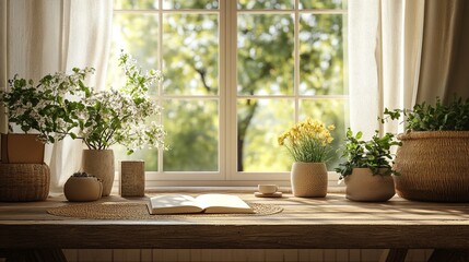 Fototapeta premium A beige diary is quietly placed on a tidy natural wooden table, with soft natural light shining through the large window, emitting a relaxed and comfortable feeling