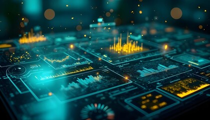 A futuristic digital dashboard that includes a variety of data visualizations such as stacked area charts and flow diagrams, with holographic displays of system statuses. The background is dark, highl