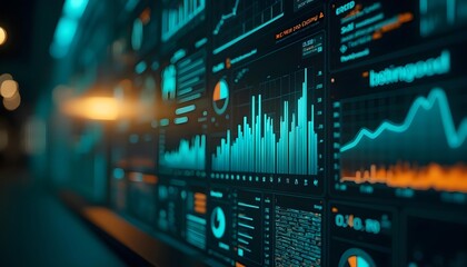 A futuristic digital dashboard that includes a variety of data visualizations such as stacked area charts and flow diagrams, with holographic displays of system statuses. The background is dark, highl