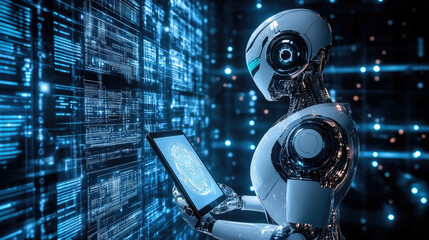 Robots working in front of screens