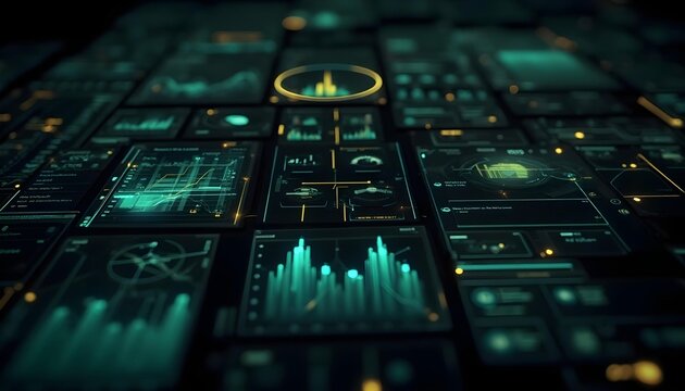 A futuristic digital dashboard that includes a variety of data visualizations such as stacked area charts and flow diagrams, with holographic displays of system statuses. The background is dark, highl