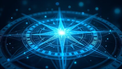
A detailed glowing holographic image with a blue compass, blurred blue background,