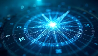 A detailed glowing holographic image with a blue compass, blurred blue background,