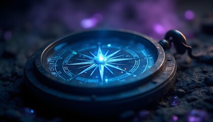 A bright glowing compass with a blue tone and a blue background.