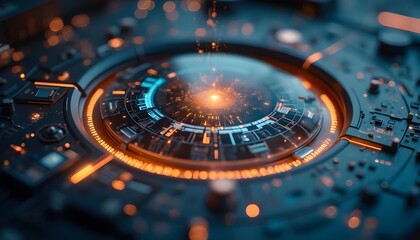 A futuristic camera lens with multi-layered luminescence and circular display View digital elements and data visualization,