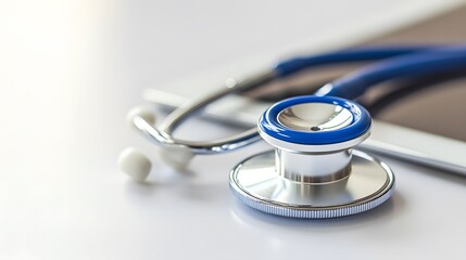 Medical equipment: blue stethoscope and tablet on white background. Medical equipment.