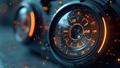 A futuristic camera lens with multi-layered luminescence and circular display View digital elements and data visualization,