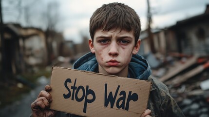 A young boy holding a sign that reads "Stop War" amidst a devastated environment.