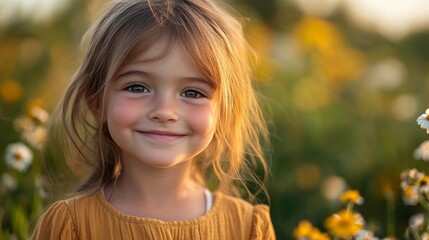 Fototapeta premium The portrait of a happy child shows a bright smile and vivid eyes, reflecting innocence and happiness, creating a warm and pleasant atmosphere, which is very suitable for family related content.