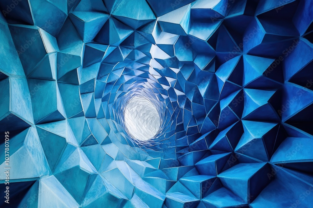 Poster a mesmerizing blue tunnel with geometric patterns, leading to a bright light, creating an enchanting