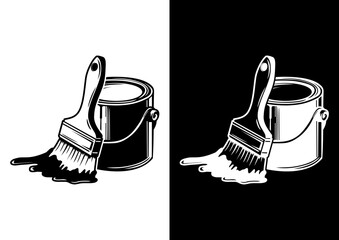 Paint Can & Paint Brush Painter Design Vector Illustration Line Art Black White Background