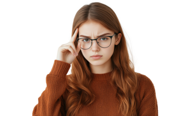 Serious young woman keeps finger on temple tries to concentrate considers something contemplates about important thing