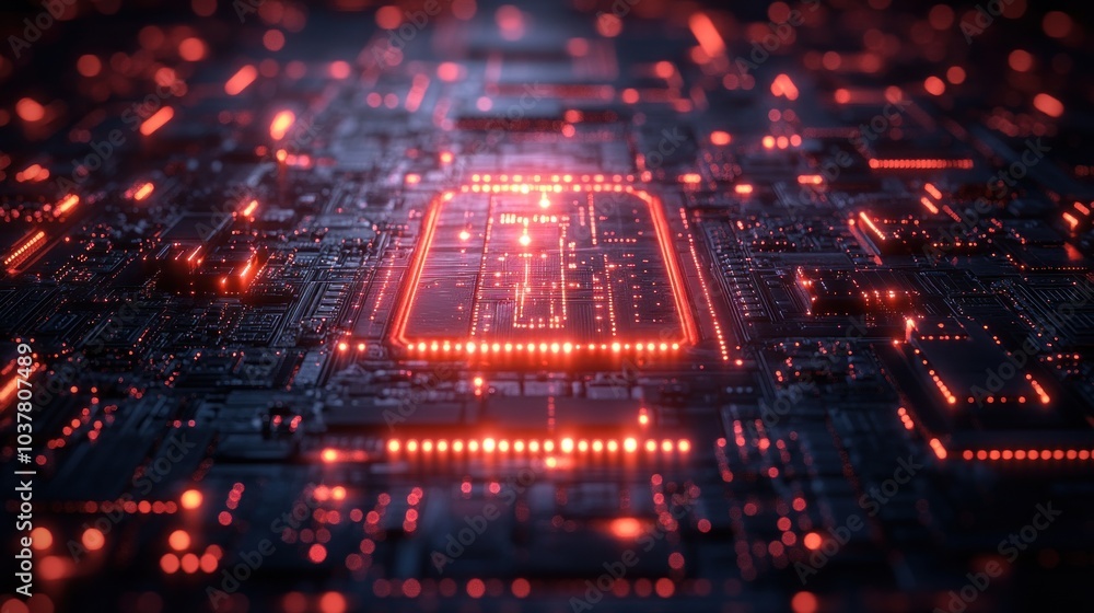 Poster abstract digital circuit with glowing red elements and patterns.