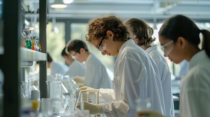 Several students were in the laboratory doing practical science and chemistry lessons guided by experienced teachers