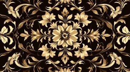 Elegant floral pattern with gold and brown tones, suitable for backgrounds and decorative purposes.