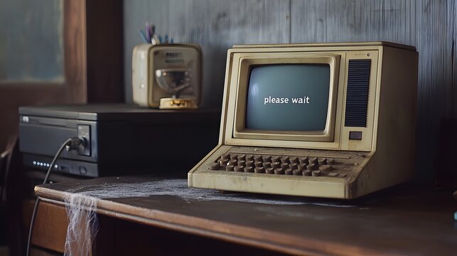 old computer on desk with cobwebs and "please wait" on screen.