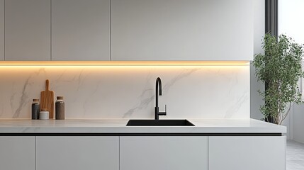 A modern white kitchen with gorgeous marble countertops and stylish black sinks, elegant white cabinets complemented by strip lighting, highlighting minimalist design.