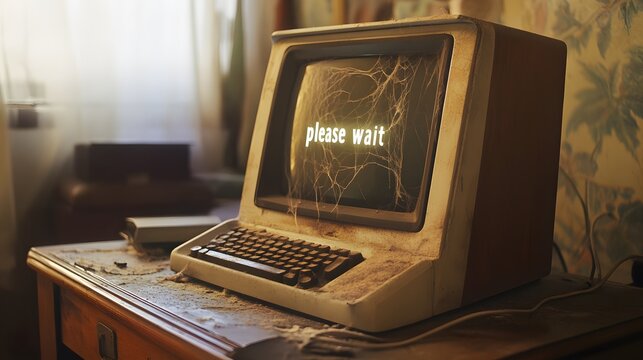 old computer on desk with cobwebs and "please wait" on screen.