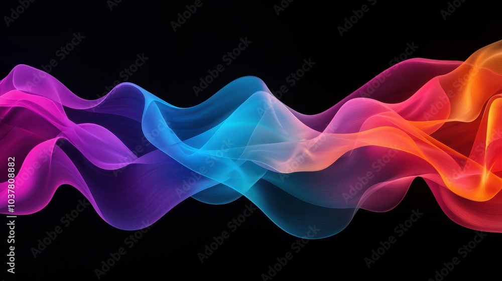 Poster a vibrant wave of colorful gradients flows gracefully against a dark background, creating a dynamic 