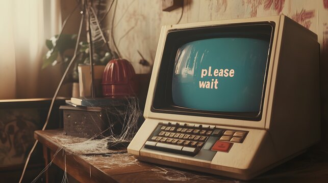 old computer on desk with cobwebs and "please wait" on screen.