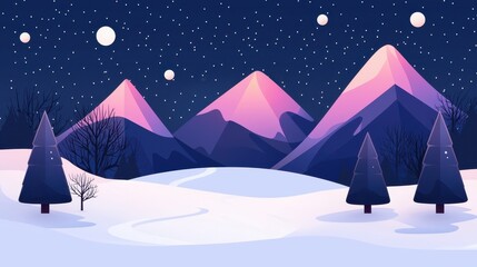 A serene winter landscape featuring pink-tinged mountains under a starry night sky with snow-covered ground and silhouetted evergreen trees.