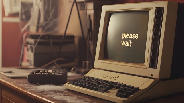 old computer on desk with cobwebs and "please wait" on screen.