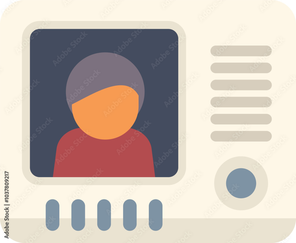 Poster intercom device is showing person ringing doorbell on screen, requesting access to building