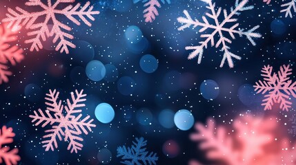 A vibrant winter scene featuring colorful snowflakes and shimmering bokeh lights on a dark blue background.