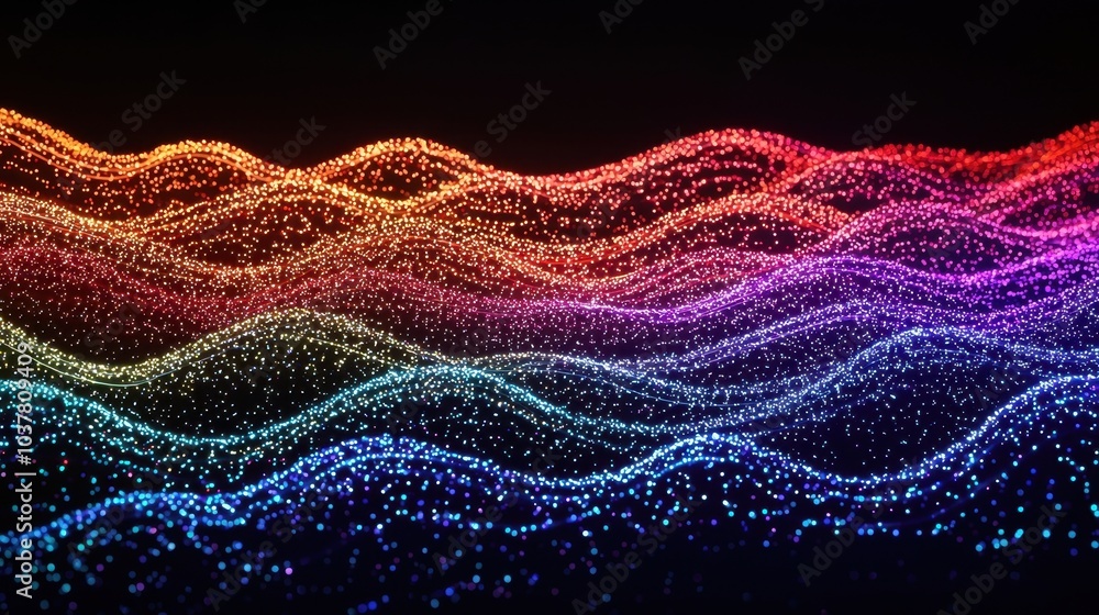 Aufkleber a vibrant wave of multicolored light particles flows rhythmically against a dark background, creatin