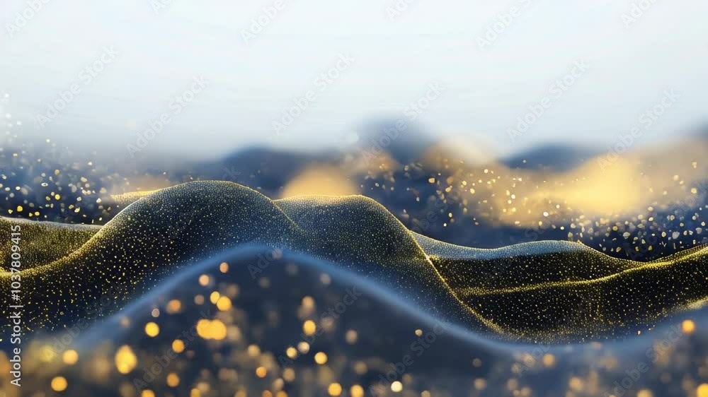 Poster undulating abstract waves covered in delicate golden particles, creating a shimmering, ethereal effe