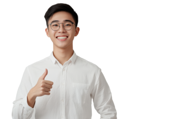 Smart young asian man full length happy smile standing hand pointing to empty space on white background. 