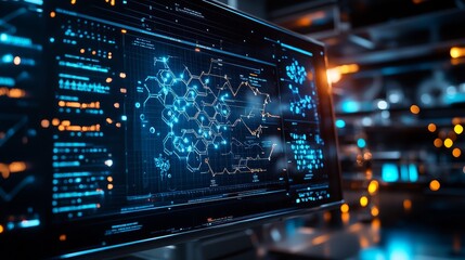 Obraz premium A close-up shot showcasing complex scientific data, charts, and molecular structures on a high-tech computer screen, with a bright modern laboratory in the background.