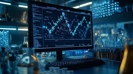 A close-up shot showcasing complex scientific data, charts, and molecular structures on a high-tech computer screen, with a bright modern laboratory in the background.