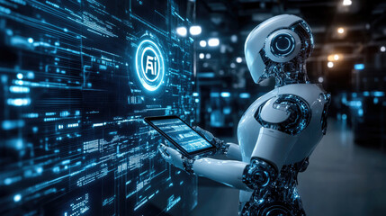 Fototapeta premium Robots working in front of screens