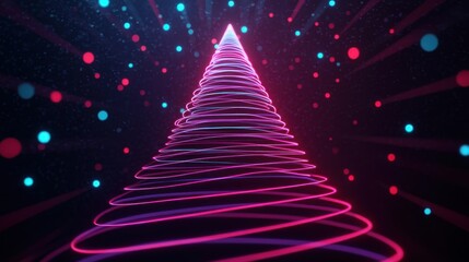 A neon Christmas tree made of glowing spirals, surrounded by colorful dots, creates a festive and vibrant atmosphere.