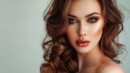 Fototapeta premium Elegant Brunette: a stunning brunette supermodel with beautiful, flowing hair, radiating sophistication and style.