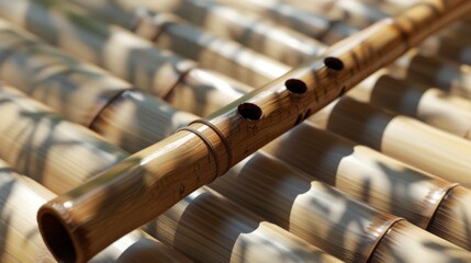Naklejka premium Bamboo Flute on Wooden Background