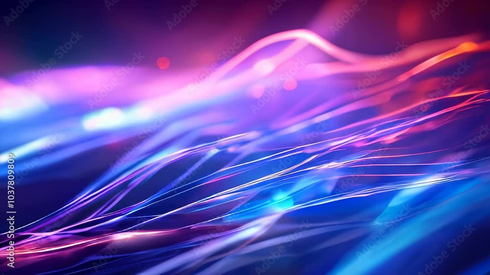 Poster dynamic flowing waves of purple and blue light mixed with bokeh circles, creating an abstract, futur
