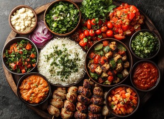 Fototapeta premium A platter of delicious Middle Eastern food, with grilled kebabs, rice, salads and sauces.