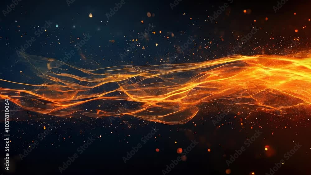Poster a dramatic abstract composition of flowing fiery light waves with glowing orange particles, creating