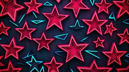 Obraz premium A vibrant backdrop filled with red stars outlined in blue, creating a striking contrast against a dark background.