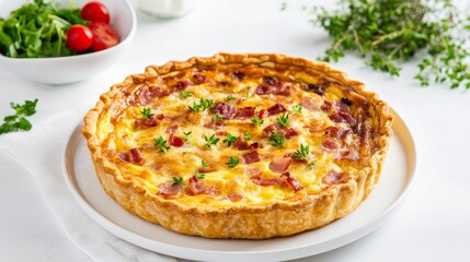 A savory quiche Lorraine with bacon and cheese, served in a golden crust, set on a white plate