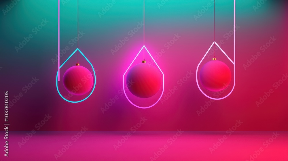 Poster a vibrant, abstract design featuring three hanging shapes in neon colors against a gradient backgrou