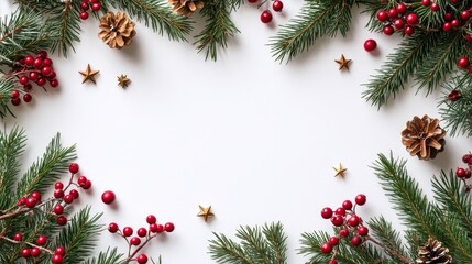 Christmas themed blank letter card frame, decorated with cypress trees and stars on the edges, paired with red holly berries. Vintage style illustrations create a festive and elegant atmosphere