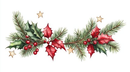 Christmas themed blank letter card frame, decorated with cypress trees and stars on the edges, paired with red holly berries. Vintage style illustrations create a festive and elegant atmosphere