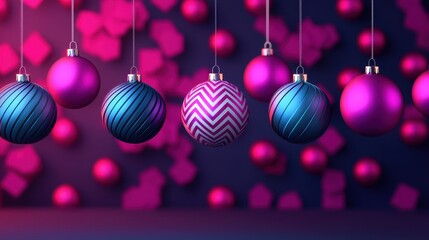 Colorful Christmas ornaments hang against a vibrant backdrop, showcasing patterns and textures, perfect for festive decoration.