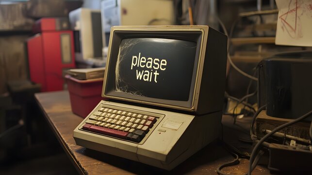 old computer on desk with cobwebs and "please wait" on screen.