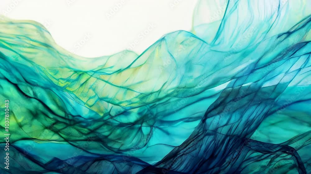 Poster Fluid teal and green fabric waves flow across the scene, creating an abstract, airy texture with soft transparency and light movement.